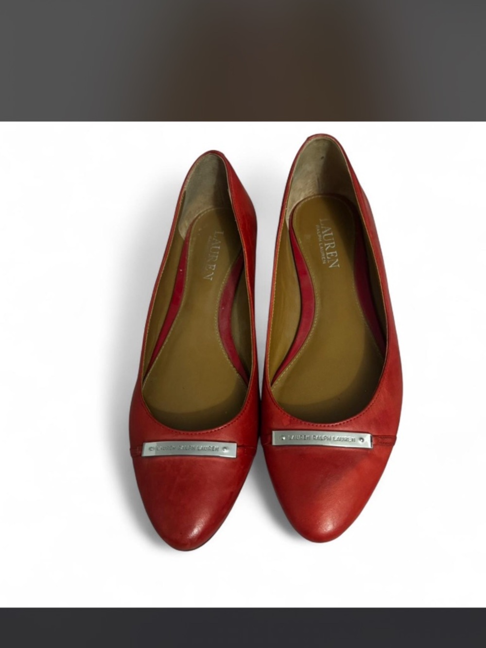 Lauren Ralph Lauren Red Leather Ballet Flats with Metal Plaque